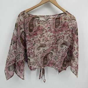 Vintage Sheer Paisley Bell Sleeves Cropped Pink Fairy Grunge Y2K Top Waist Tie